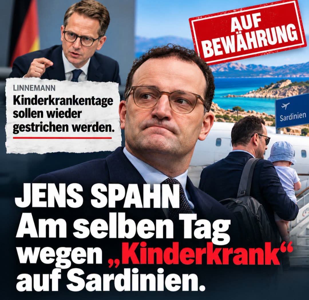 BerndRae's tweet photo. Via FB:

Am selben Tag, an dem Carsten Linnemann Eltern und insbesondere Alleinerziehenden erklärt, dass die zusätzlichen Kinderkrankentage wieder gestrichen werden sollen, fehlt Jens Spahn im Haushaltsausschuss.

Als Grund soll dort ausgerechnet die Erkrankung seines Kindes genannt worden sein. Spahn selbst sagt, er sei lediglich „aus familiären Gründen“ entschuldigt gewesen. Und währenddessen? Sardinien.

Alter Falter. Ich weiß wirklich nicht mehr, was ich davon halten soll.

Entweder Jens Spahn besitzt das schlechteste politische Timing der Republik oder ihm ist inzwischen vollkommen egal, welches Bild dabei entsteht.

Und offenbar reicht es mittlerweile sogar seinen eigenen Leuten: Eine Mehrheit der Unions-Haushaltspolitiker wollte ihn aus dem Haushaltsausschuss entfernen. Nur durch eine weitere Chance von Fraktionschef Thorsten Frei darf er vorerst bleiben. Laut ARD gilt er dort jetzt als „auf Bewährung“.

Jens Spahn ist jetzt auf Bewährung. In der eigenen Fraktion.

Vielleicht reden wir also längst nicht mehr über schlechtes Timing. Vielleicht reden wir über ein handfestes Glaubwürdigkeitsproblem.

#Politik #Deutschland #CDU #JensSpahn #Kinderkrankentage
