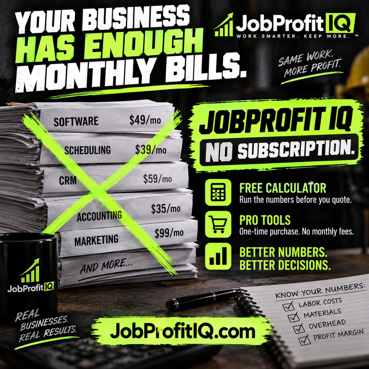 JobProfitIQ's tweet photo. Your business already has enough monthly bills.

JobProfit IQ is building practical tools for service businesses without adding another subscription.

Free calculator.
One-time purchase Pro tools.
No monthly fees.

Better numbers. Better decisions.

https://t.co/lFCRTaWvBg https://t.co/kWc6uULywp