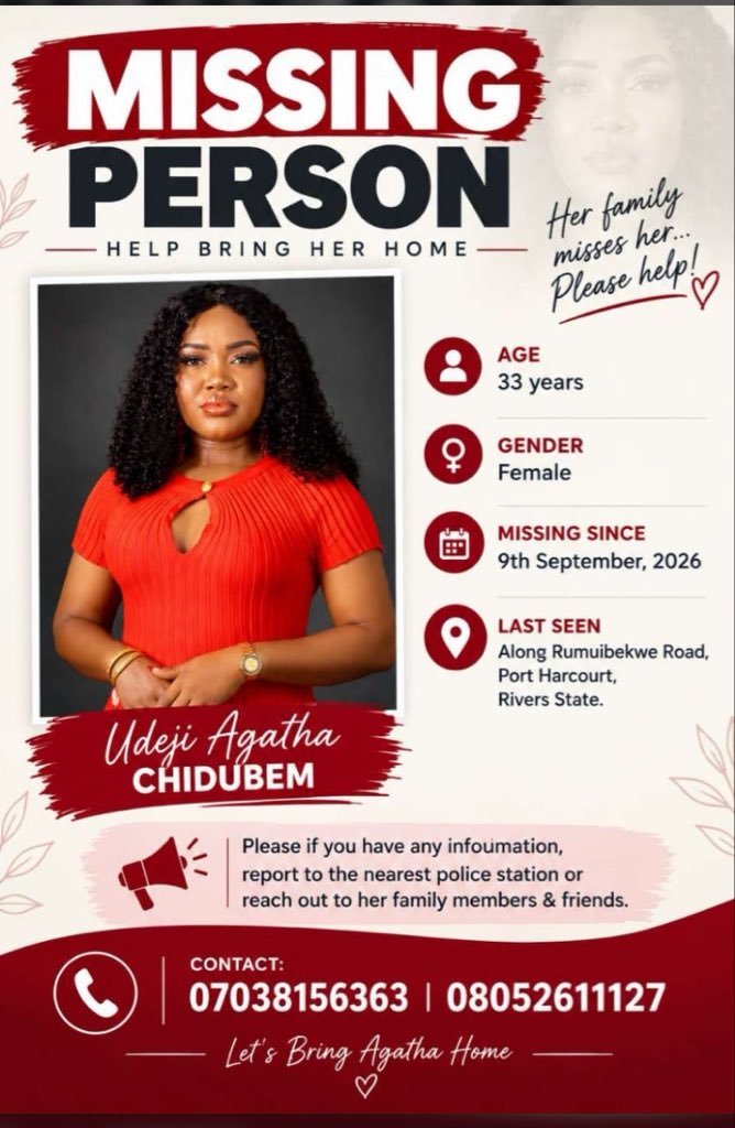 Post_FromAmah's tweet photo. Port harcourt we’re still searching for Agatha!!! 
Who went missing on the 9th of September, 2026
Please help us share and repost!!! 
Please 🙏 
She was last seen  along Rumuibekwe road Port Harcourt, Rivers state. https://t.co/e8gD6fBpGr