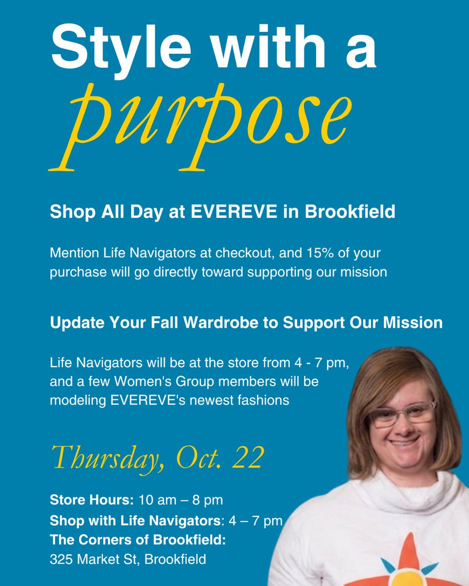 LifeNavOrg's tweet photo. Join us at EVEREVE at The Corners of Brookfield for a day of shopping! On Thursday, October 22nd, mention Life Navigators at checkout, and 15% of your purchase will go directly toward supporting our mission. We hope to see you there! https://t.co/WRn6UTG8W1