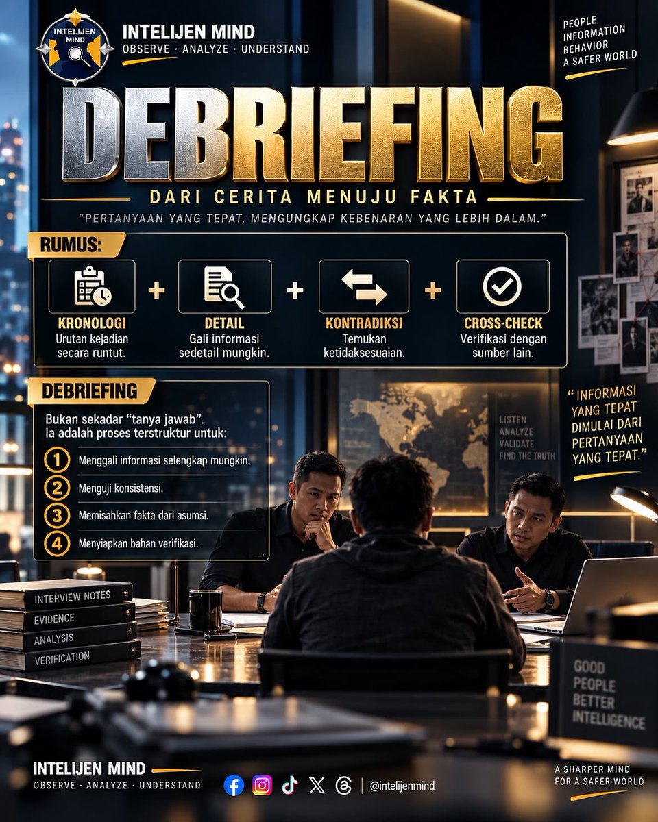 Intelijen_Mind's tweet photo. DEBRIEFING — DARI CERITA MENUJU FAKTA. Debriefing bukan sekadar bertanya. Ini adalah proses untuk menggali informasi, menguji konsistensi, menemukan kontradiksi, dan melakukan verifikasi. #IntelijenMind #Debriefing #HUMINT #Intelligence #AnalisisInformasi https://t.co/2uKUWCMiIZ