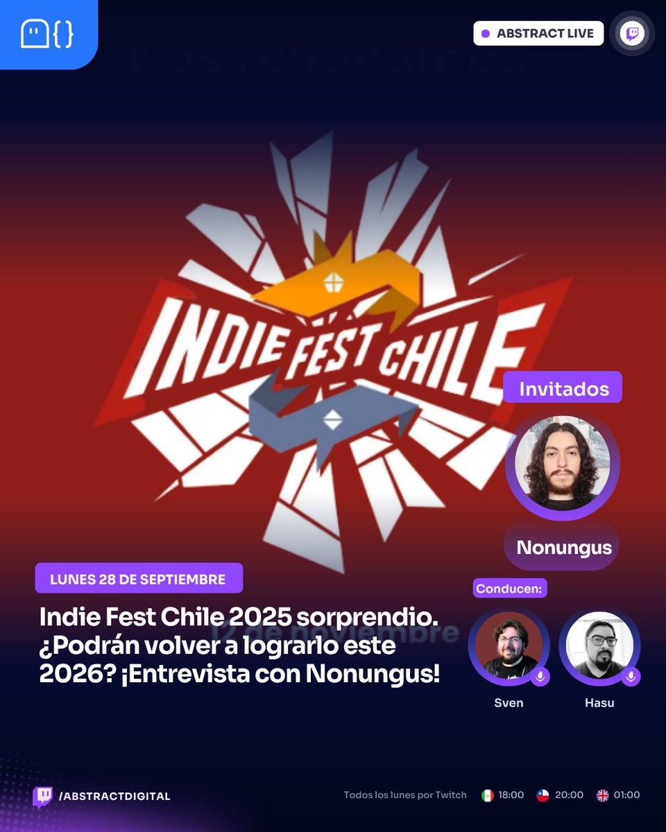 AbstractDw's tweet photo. 🚨Lunes con entrevista a #Nonungus que es parte del equipo detrás de #IndieFestChile ¿Qué se viene para esta edición?.
🔴En vivo por 📺https://t.co/9n2Yjqourq desde las 🕗20:00 horas CLT.

#indiegames #indiedev #chiledev #indiegamedev https://t.co/jVHCgQQ61f