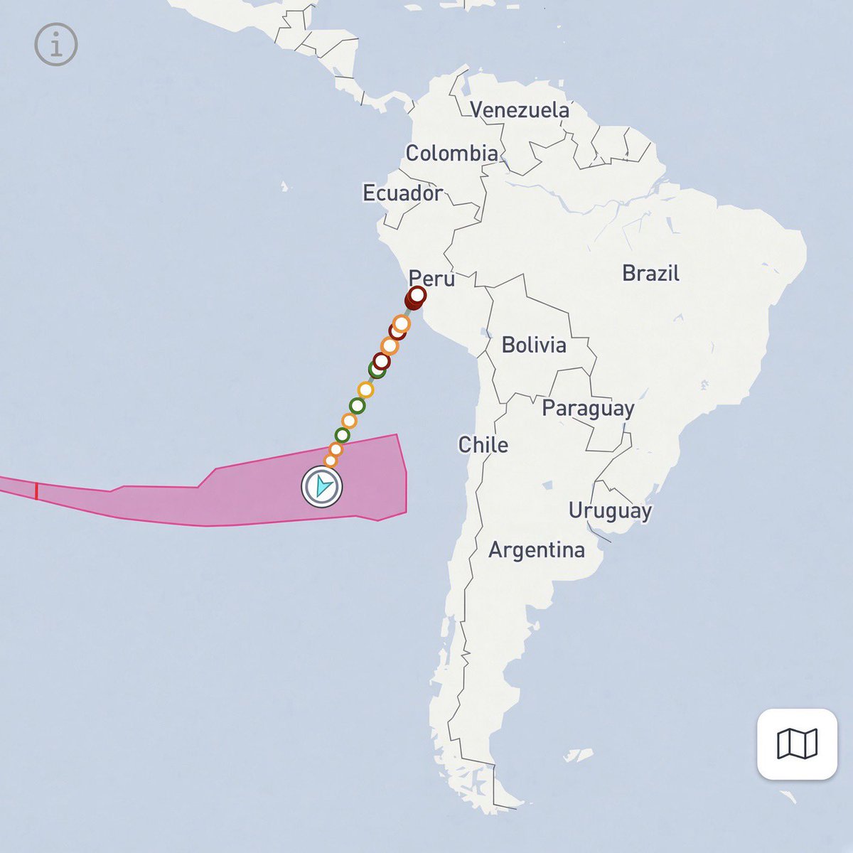 JConcilus's tweet photo. Flight 14 Chilean Splashdown 🚀💦⛴️

Presumed SpaceX support vessel Armada 86 03 arrived ~1 hr ago on station off the coast of Chile! Started in Brownsville Sept 1st, and is now holding position in the Nav Warning box.

One more sign of an on-schedule Monday launch attempt.🚀🔥 https://t.co/IRJgmFAXkU