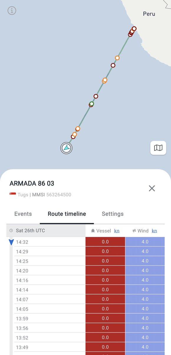 JConcilus's tweet photo. Flight 14 Chilean Splashdown 🚀💦⛴️

Presumed SpaceX support vessel Armada 86 03 arrived ~1 hr ago on station off the coast of Chile! Started in Brownsville Sept 1st, and is now holding position in the Nav Warning box.

One more sign of an on-schedule Monday launch attempt.🚀🔥 https://t.co/IRJgmFAXkU