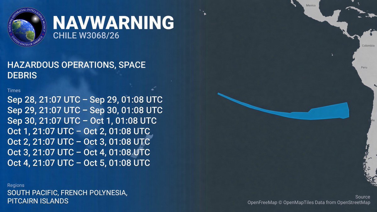 JConcilus's tweet photo. Flight 14 Chilean Splashdown 🚀💦⛴️

Presumed SpaceX support vessel Armada 86 03 arrived ~1 hr ago on station off the coast of Chile! Started in Brownsville Sept 1st, and is now holding position in the Nav Warning box.

One more sign of an on-schedule Monday launch attempt.🚀🔥 https://t.co/IRJgmFAXkU