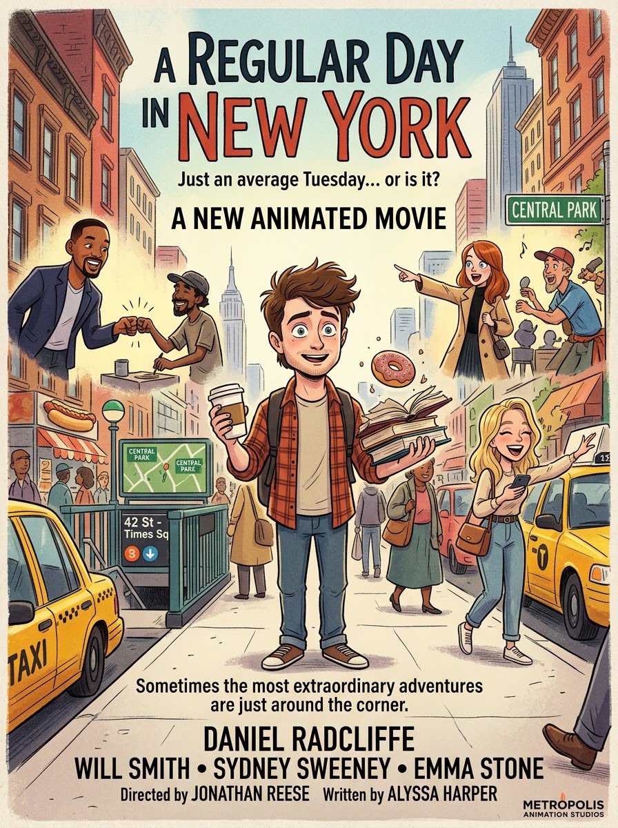 MrMovieArtist's tweet photo. #Ai #AiArt #Concept #Poster #Movie #ARegularDay #NewYork #DanielRadcliffe #WillSmith #SydneySweeney #EmmaStone #Tuesday #Adventures https://t.co/qIZAzZCfmL