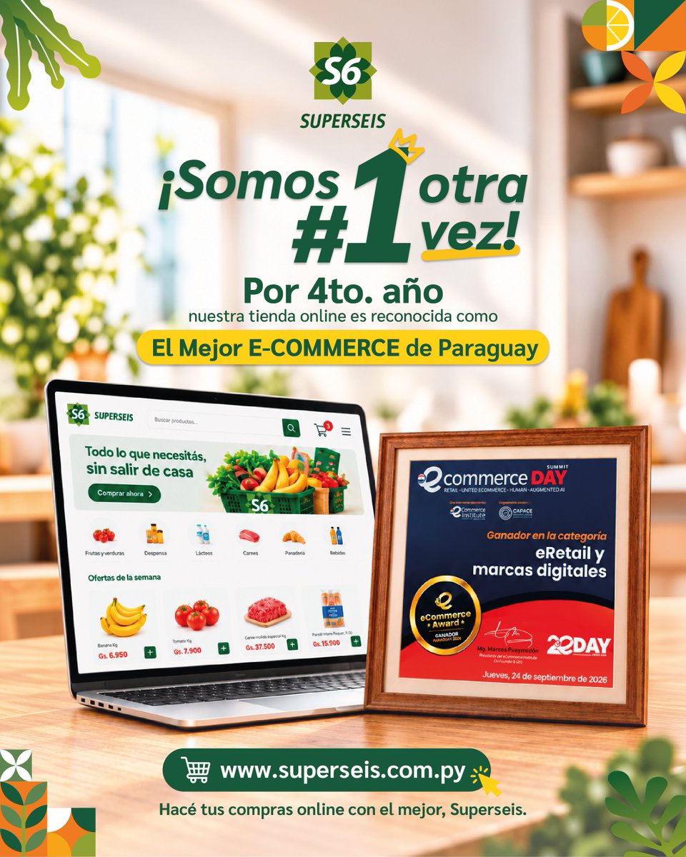 SuperseisPy's tweet photo. ¡Superseis Online recibió por cuarta vez un eCommerce Award Paraguay!

Este reconocimiento destaca el trabajo de nuestros equipos para hacer que cada compra sea más simple, desde la selección y preparación de los productos hasta su entrega a domicilio o retiro en tienda. https://t.co/U6JGVYPydN