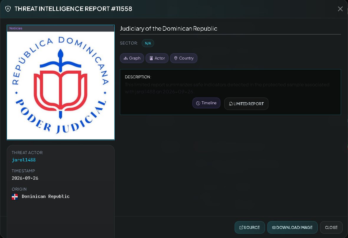 VECERTRadar's tweet photo. ⚠️ CRITICAL PREVENTIVE ALERT 🇩🇴 ⚖️: ALLEGED MASS LEAK OF OVER 4.5 MILLION RECORDS FROM THE DOMINICAN REPUBLIC JUDICIARY

[STATUS: UNCONFIRMED; EVIDENCE VISIBLE BUT NOT VERIFIED / THREAT ACTOR: JAROL488 / DATE: SEPTEMBER 26, 2026]

Centralized cyber-intelligence monitoring has detected a new post on underground forums and channels, attributed to the threat actor "jarol488." The alert announces the release and public availability of a database containing 4,563,652 lines of information linked to the Dominican Republic Judiciary.

It is strictly noted that the veracity of this breach and the authenticity of the records have not been officially confirmed by Dominican judicial authorities. The definitive scope of the files remains unconfirmed.

Threat Actor: jarol488.

Victim / Affected Entity: Dominican Republic Judiciary (https://t.co/644vT2ugLQ).

Sector: ⚖️ Government / Justice, Courts, and State Legal Registries.

Target Country: Dominican Republic 🇩🇴.

Reported Data Volume: 4,563,652 lines of structured information.

🛡️ TECHNICAL PREVENTIVE CONTAINMENT RECOMMENDATIONS (SOC / CSIRT / JUDICIARY)

Forensic Audit of Servers and Repositories: IT teams within the Dominican Republic Judiciary must immediately isolate and audit database servers and public inquiry portals to determine the initial extraction vector. Link Verification and Reporting: Request the immediate blocking and removal of the external download repository (gofile. io) associated with the leak to mitigate the spread of the records.

🖥️ CENTRALIZED THREAT MONITORING SYSTEM

Intelligence System: https://t.co/wk9bZJ2Nli

Quickly check your security at: https://t.co/QZhWp0kFrO

Quotes and services: https://t.co/sx3BM5zbnK

#Cybersecurity #ThreatIntel #DataLeak #Judiciary #DominicanRepublic #JusticeSecurity #InfoSec #CyberAlert #VECERT #SOC #CSIRT #Unconfirmed #SecurityAlert