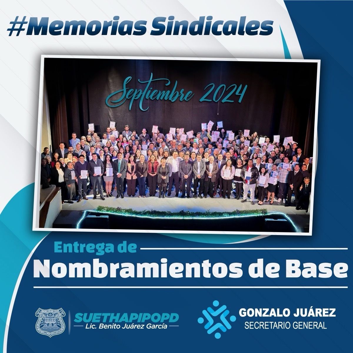GonzaloJuarezM's tweet photo. Un dia como hoy de 2024, nuestra familia sindical crecía con la entrega de Nombramientos de Base a compañeras y compañeros que hoy en día tienen una certeza laboral y un apoyo incondicional de su Sindicato. https://t.co/Yftu8JtwSC