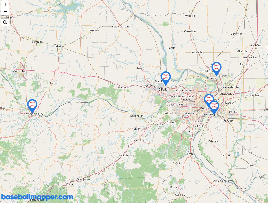 baseballmapper's tweet photo. @7thGypsy @MarkusSkid68618 That's a fun trip. And you even have some additional baseball options just around the corner from Busch! https://t.co/w6j3YlRyy2 https://t.co/LA6b4csZgz