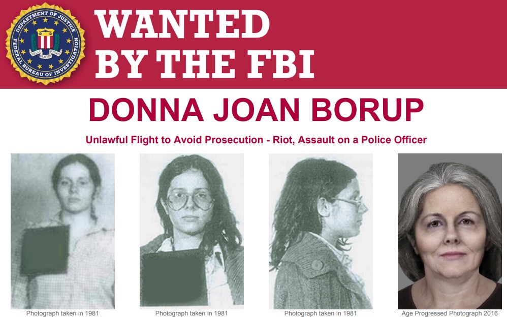 FBIMostWanted's tweet photo. The #FBI is offering a reward of up to $100,000 for info leading to the arrest of Donna Joan Borup, #wanted for her alleged participation in a violent anti-apartheid demonstration at JFK International Airport in Queens, NY, on September 26, 1981. During the event, Borup allegedly tossed a caustic substance into the eyes of a Port Authority Police Officer, leaving him partially blind: https://t.co/b6Gx9GFaum