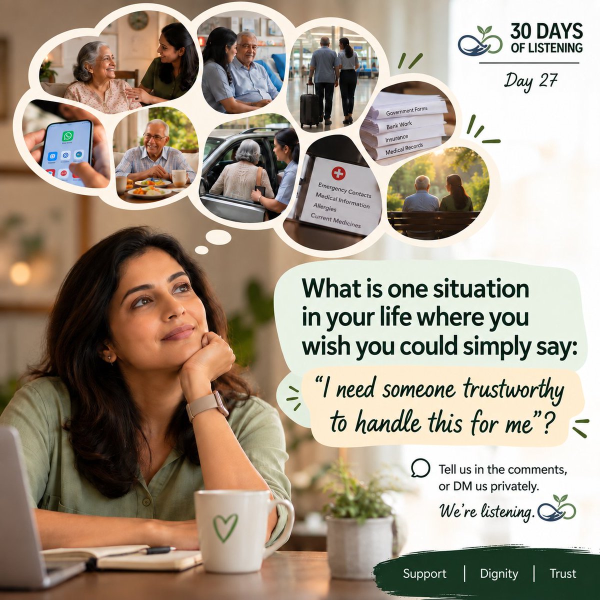 karetribe's tweet photo. 30 DAYS OF LISTENING — DAY 27 💚

What’s one situation where you wish you could simply say:
“I need someone trustworthy to handle this for me.”
Parent support, medical tasks, travel, paperwork—or something else?

We’re listening. 💚 

#KareTribe https://t.co/hPEKp6toKe