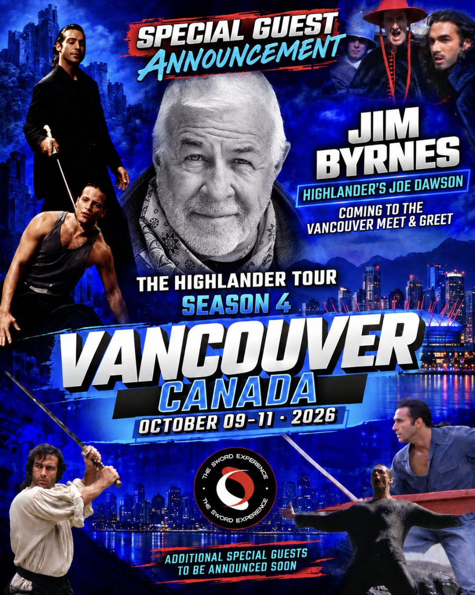 SwordExperience's tweet photo. 👁️ The Watcher is back in Vancouver! Join Jim Byrnes (Joe Dawson) for The Highlander Tour: Season 4 Meet & Greet. 📍 Oct 9–11, 2026.
🎟️ Get tickets: https://t.co/M0zfC82pEH
#Highlander #JimByrne #JoeDawson #TheWatchers #AdrianPaul #TheSwordExperience #Vancouver #HighlanderFans https://t.co/1JLpr5tIvl