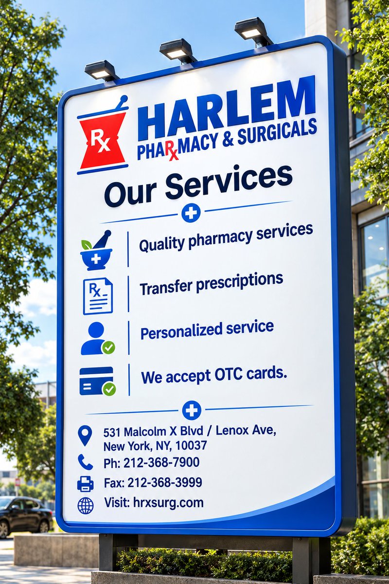 HarlemSurgicals's tweet photo. Harlem Pharmacy &amp; Surgicals - Services 
Quality pharmacy services
Transfer prescriptions
Personalized service
We accept OTC cards
#Pharmacystore #nycpharmacy #medicalsupplies #LenoxAve #instareels https://t.co/ReDUsAocYc