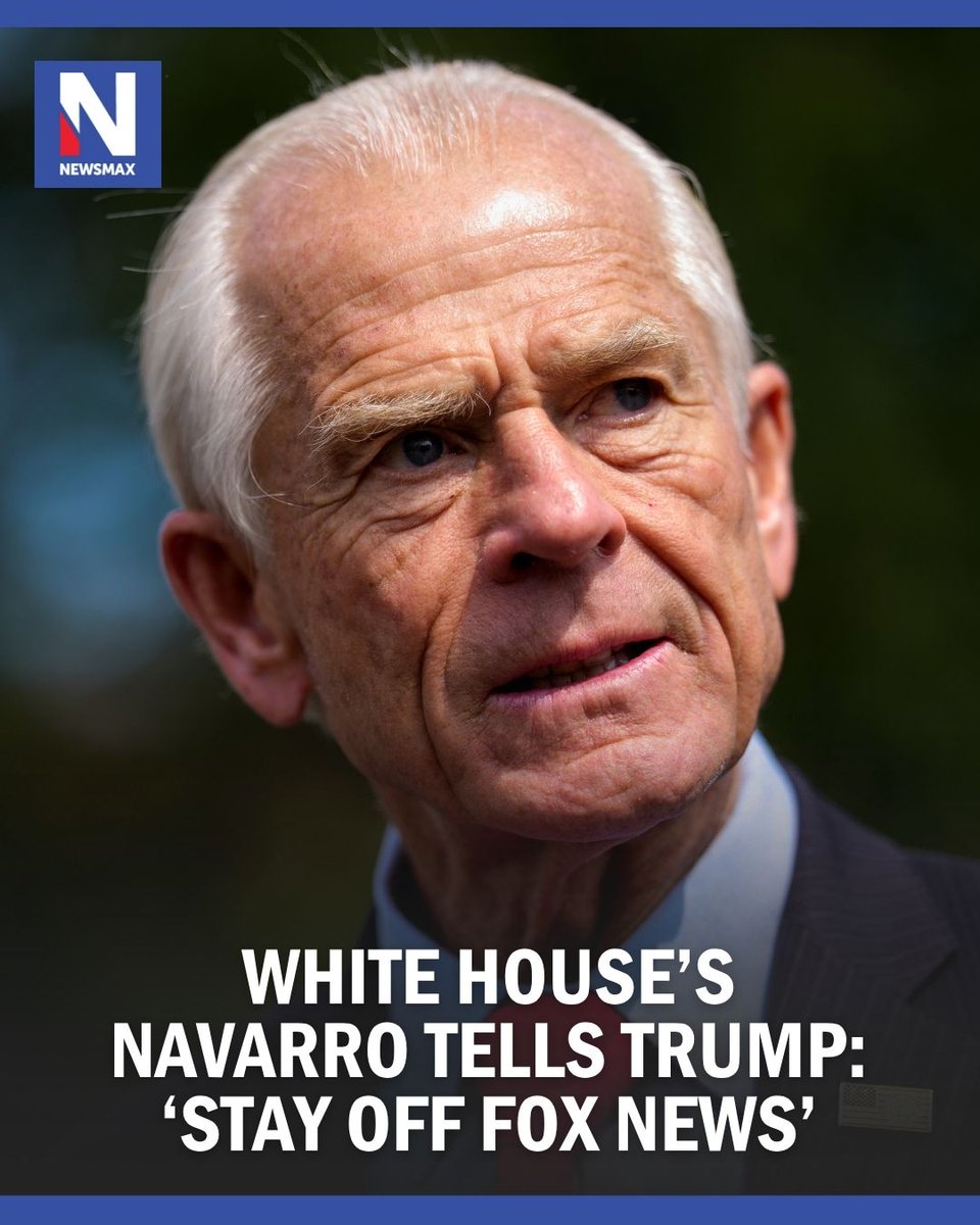 NEWSMAX's tweet photo. 'DANGEROUS TO MAGA': White House senior counselor Peter Navarro is escalating his criticism of Fox News, questioning why President Donald Trump and members of his administration should continue appearing on the network and accusing Fox of working to undermine the president. https://t.co/823DiGPWBS