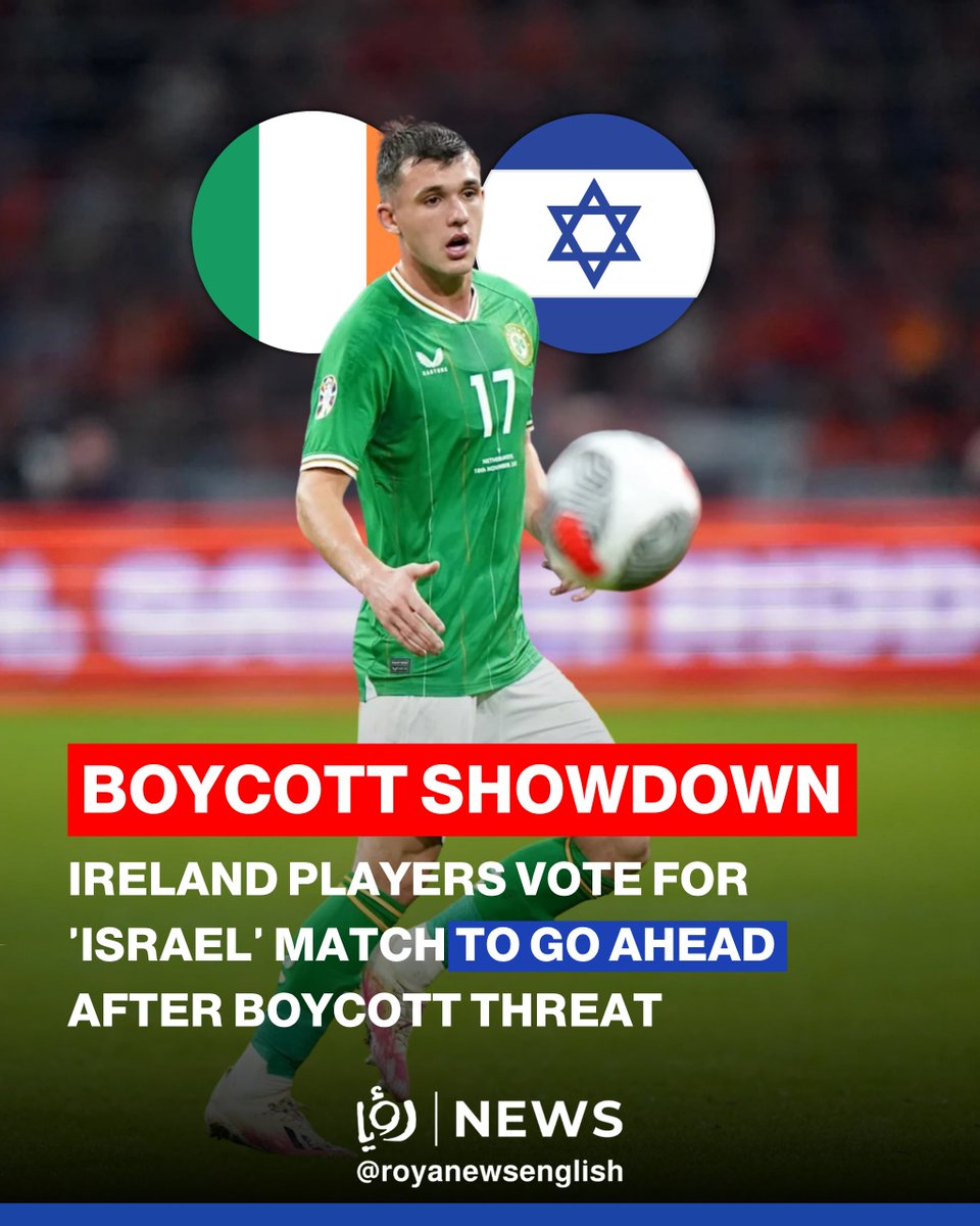 RoyaNewsEnglish's tweet photo. The Football Association of Ireland (FAI) said the vote followed more than five hours of discussions among players at their team hotel in Debrecen, Hungary, where Ireland is due to face ‘Israel’ on Sunday.

Read more: https://t.co/Zi7Vh4IxWk https://t.co/u0H9Dze98o