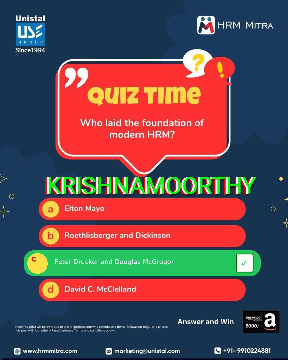 Krishna02257040's tweet photo. c) Peter Drucker and Douglas McGregor✔️✔️✔️

#Unistal #HRMMitra #HRQuiz #HumanResourceManagement #HRProfessionals #HRKnowledge #HRTech #PeopleManagement

💖 @hrmmitra 💖

@hritik_roshan_1
@RajeshHegdeBlr
@godsowntalk 
@Mayur7331 
@Gadgetsdata https://t.co/E4iPEdAzfY