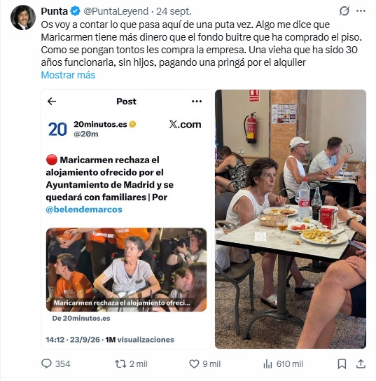 JulianMaciasT's tweet photo. Ya hay que ser HDP para hacer un montaje con la imagen de Mari Carmen para atacarla e insinuar que tiene mucho dinero y se está riendo de todo el mundo. https://t.co/KJWZrwrbJ3