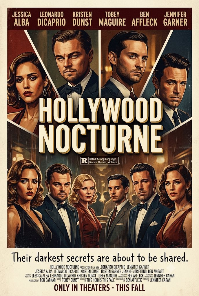 MrMovieArtist's tweet photo. #Ai #AiArt #Concept #Poster #Movie #Hollywood #Nocturne #JessicaAlba #LeonardoDiCaprio #KristenDunst #TobeyMaguire #BenAffleck #JenniferGarner #DarkestSecrets https://t.co/E4gtuCWXLq