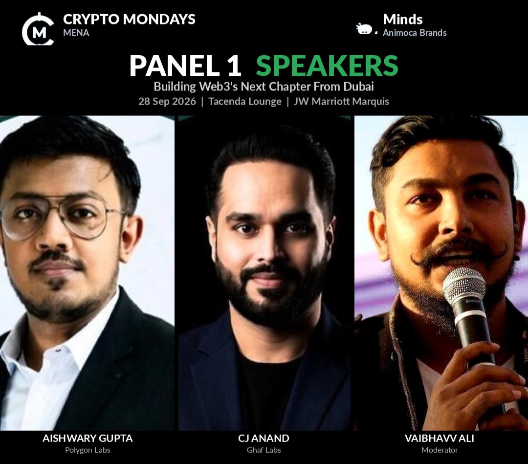 CryptoMondaysME's tweet photo. CRYPTOMONDAYS MENA PANEL1 - 

Topic- Building Web3's Next Chapter From Dubai.

• Moderator: @vaibhavvali 
• Panel speakers - 
1. @cjanand92 | Director of Advisory, @GhafLabs
2. @0xAishwary - Global Head Of Business, @0xPolygon

#Polygonlabs #ghaflabs #founders #investors https://t.co/Wq7NpCXxMS