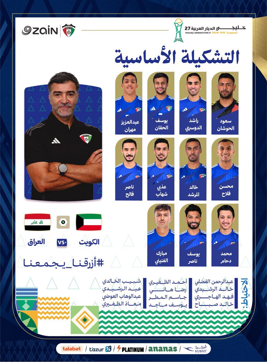 KuwaitFA's tweet photo. تشكيلة منتخب الكويت الوطني

الكويت × العراق 

💙 كل التوفيق للأزرق في مواجهة الليلة

#الأزرق_يجمعنا
#منتخب_الكويت
#كأس_الخليج
#خليجي27 https://t.co/M4tts99BAi