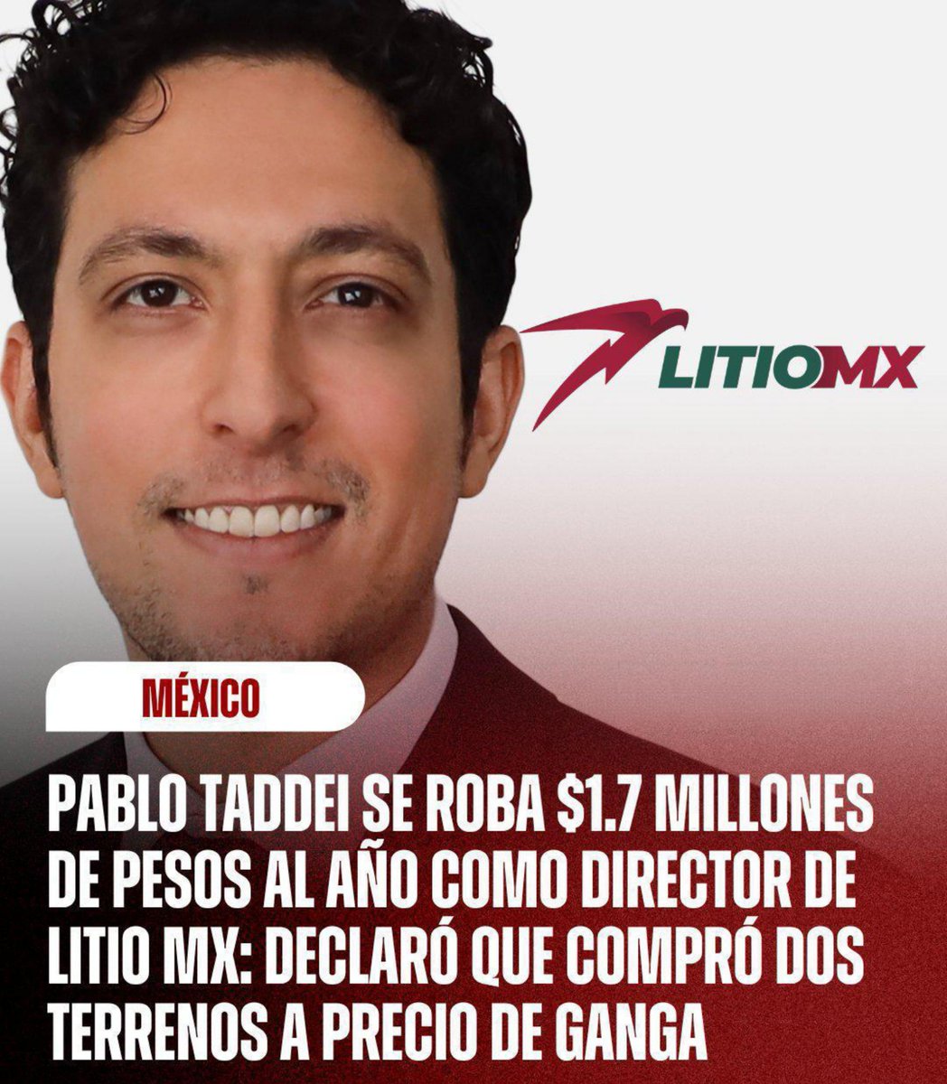 Alfie_Acosta's tweet photo. ¡Hola, mexicanos de bien que ya están hasta la madre de @PartidoMorenaMx!

Vengo a recordarles que Pablo Taddei, el sobrino de la CORRUPTA MORENISTA Y PRESIDENTE del @INEMexico Guadalupe Taddei, se roba $1.7 millones de pesos al año siendo el pinche director de Litio MX, empresa que no ha producido ingresos y declaró haber comprado DOS TERRENOS en 2022 y 2023 por menos de $900 mil pesos.

¡SON UNAS RATAS DE PUNTA A COLA!