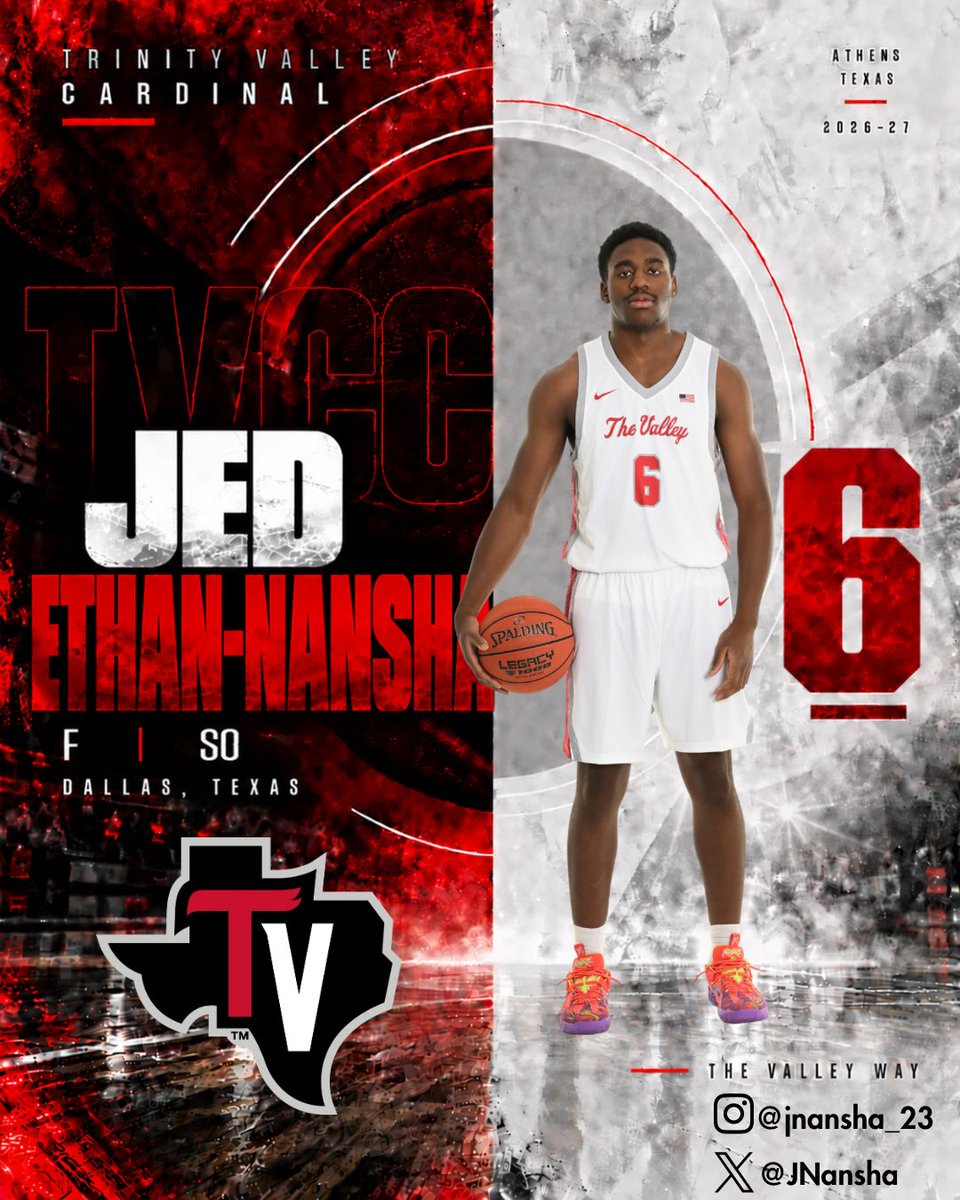 THEVALLEYMBB's tweet photo. FOLLOW THE CARDINALS🔴⚫️

Meet your 2026–27 Trinity Valley Cardinals.

Jed-Ethan Nansha  @JNansha 📍
F | Sophomore 
 Dallas, Texas 

Get to know the players who will be representing The Valley this season and show them some love by giving them a follow! https://t.co/4FimTMDXNm