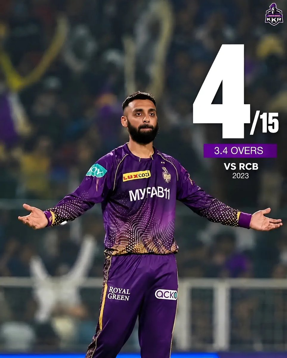 Rokte_Amarr_KKR's tweet photo. 🆚 RCB, 2023: 4/15

Faf. Maxwell. Harshal. Akash Deep. 🎯

A devastating spell from Varun, dismantling RCB's middle order and finishing with a brilliant catch to complete his 4-fer.

Pure mystery. Pure Varun. 💜🌀 https://t.co/3ostyYa4qT
