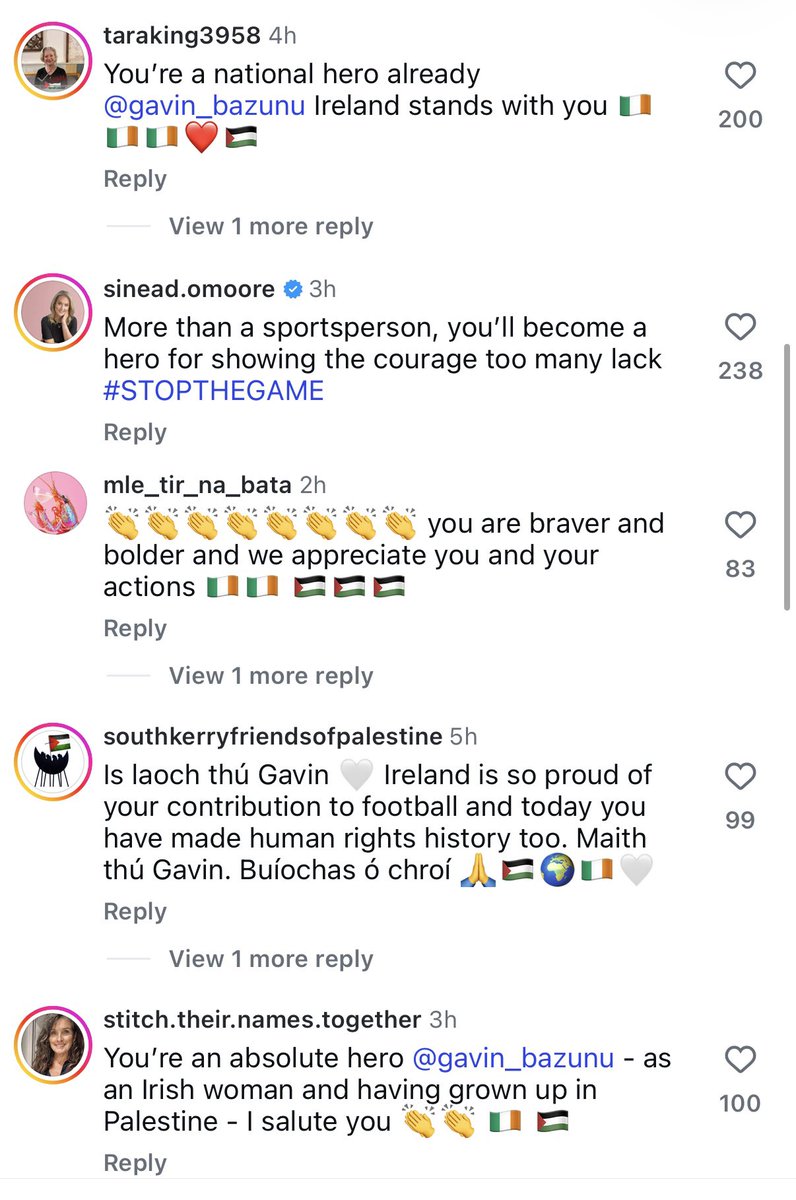 beckytaylorgill's tweet photo. Gavin Bazunu’s instagram comments 😭🇵🇸 https://t.co/DiLrKAZbnX