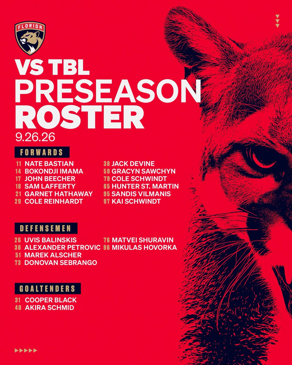 FlaPanthers's tweet photo. Tonight's roster for our preseason game vs Tampa ⤵️ https://t.co/VjJiqOiyzA