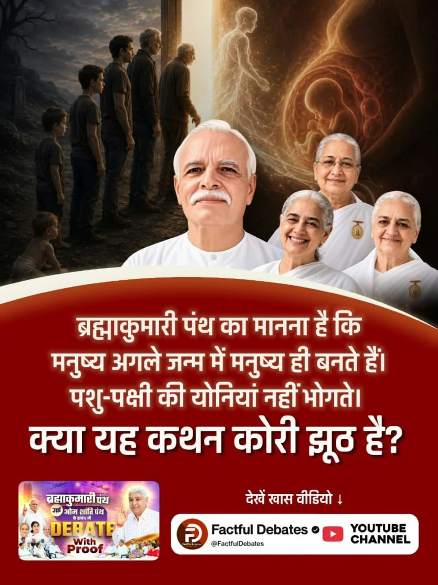 Narinderr21's tweet photo. ब्रह्माकुमारी पंथ का मानना है कि मनुष्य अगले जन्म में मनुष्य ही बनते हैं। पशु-पक्षी की योनियां नहीं भोगते। क्या यह कथन कोरी झूठ है?
जानने के लिए देखें खास वीडियो Factful
Debates YouTube Channel पर।
#SantRampalJiVsBrahmaKumaris
Debate On Factful Channel
⤵️
https://t.co/7ruLV7O8iq https://t.co/zAgb1tUdfP