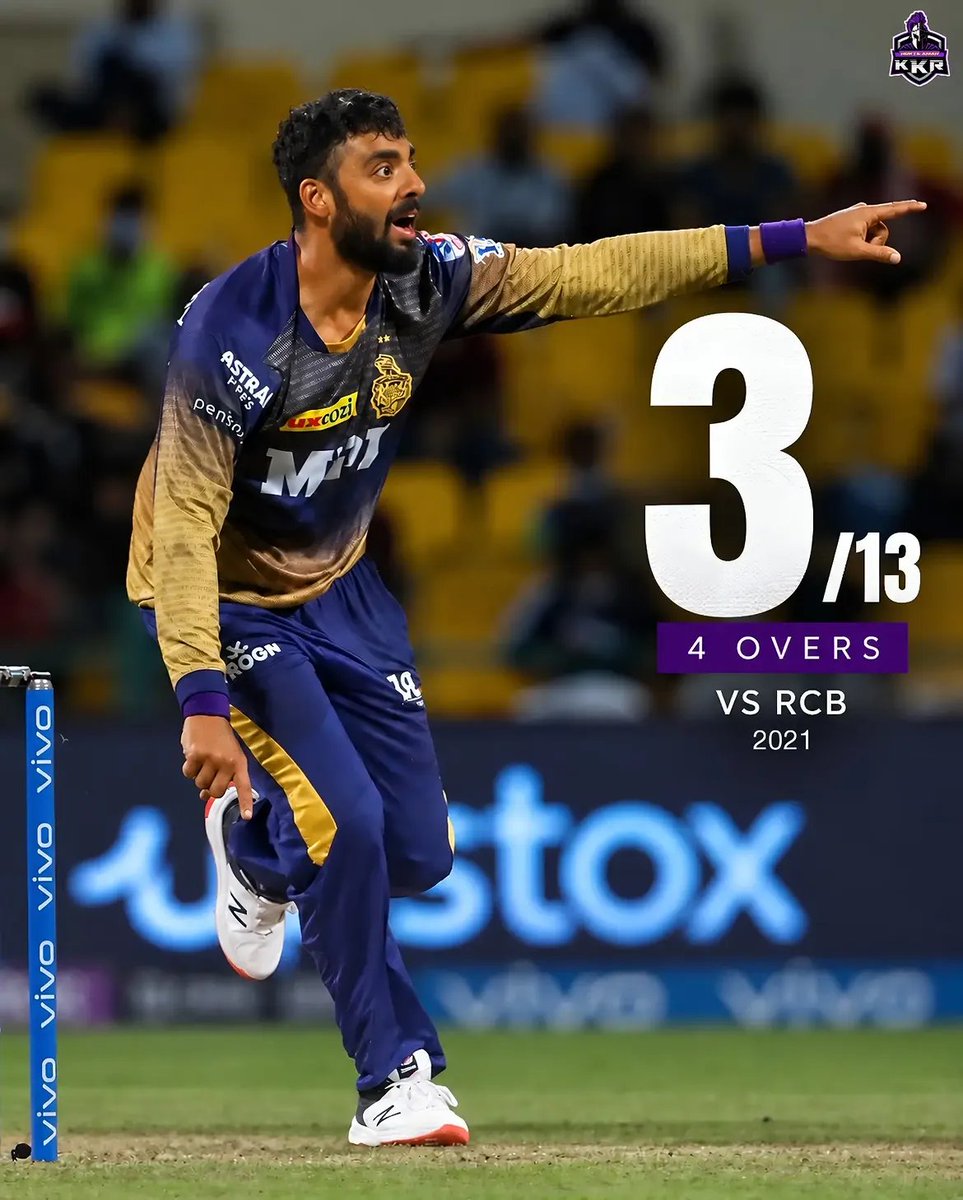 Rokte_Amarr_KKR's tweet photo. 🆚 RCB, 2021: 3/13

Three wickets. Just 13 runs. An economy of 3.20. 🎯

Maxwell. Hasaranga. Sachin Baby.

A spell of pure control that earned Varun the Player of the Match award. 💜🫡 https://t.co/AI9HdGbjlq
