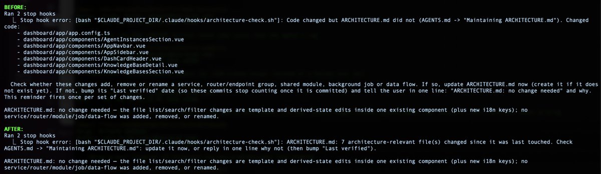 simonmsims's tweet photo. A common problem in AI-assisted development: code moves fast, architecture docs fall behind.

At @NeuraRod  we're testing a simple solution it with a git hook, not a diagram generator.

Every time our coding agent finishes a change, a hook checks whether the touched files matter to the architecture doc, and whether that doc changed too. 

If code moved and the doc didn't, the agent gets a reminder and decides: update it, or say why not. Catches a teammate's commit too, the first time an agent session pulls it, whoever wrote it.

p.s.: it also has to stay short, or nobody reads past it.