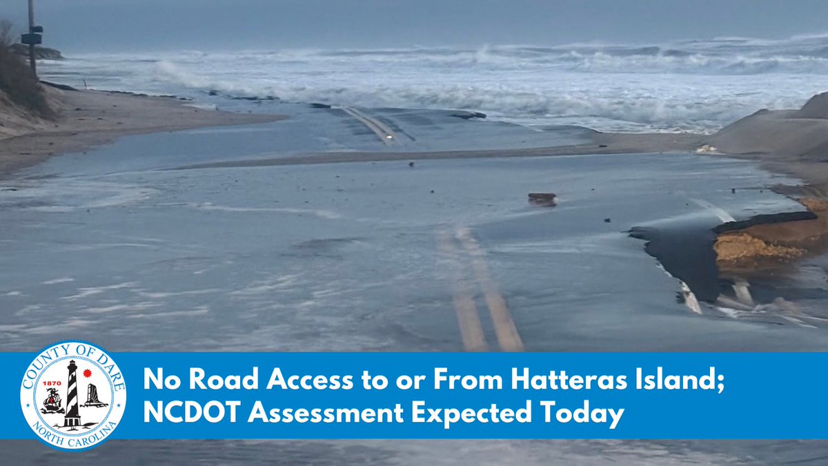 DareCountyGovt's tweet photo. N.C. Highway 12 remains closed between the Marc Basnight Bridge and Rodanthe following severe ocean overwash at the Canal Zone and Pea Island Visitor Center. NCDOT will complete damage assessment later today. No reopening timeline has been determined.
https://t.co/PL1ypwQDj2 https://t.co/T8dJae37Yx