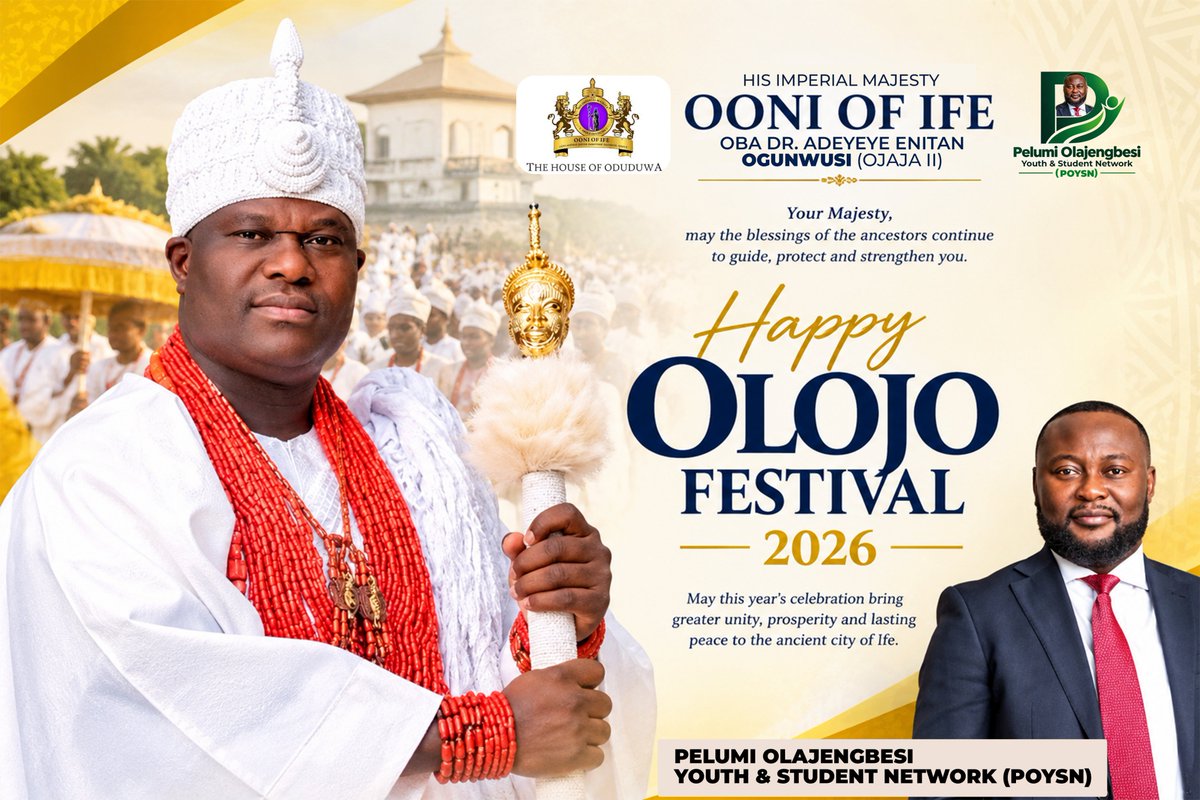 PoysnOfficial's tweet photo. POYSN Congratulates Ooni, Ife Sons and Daughters on Olojo Festival

The Pelumi Olajengbesi Youths and Students Network (POYSN) has congratulated His Imperial Majesty, Ooni Adeyeye Enitan Ogunwusi, Ojaja II, Ooni of Ife, on the celebration of this year’s Olojo Festival.

1/ https://t.co/9apP1cXMI5