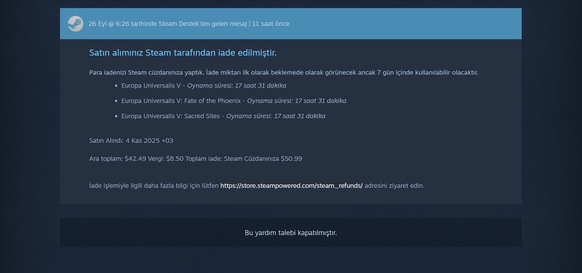 Vexhera's tweet photo. PARADOX OYUNLARINI İADE EDEBİLİRSİNİZ‼️

Steam olağanüstü durumlarda her ne koşulda olursa olsun iade talebini değerlendiriyor. Bunu bildiğim için denedim ve satın aldığım EU5'i iade edebildim.

Sizler de aynı şekilde. Boykot nedir gösteriniz.

İade dalgası paradoxu yıpratacaktır https://t.co/tzKYPijM2I
