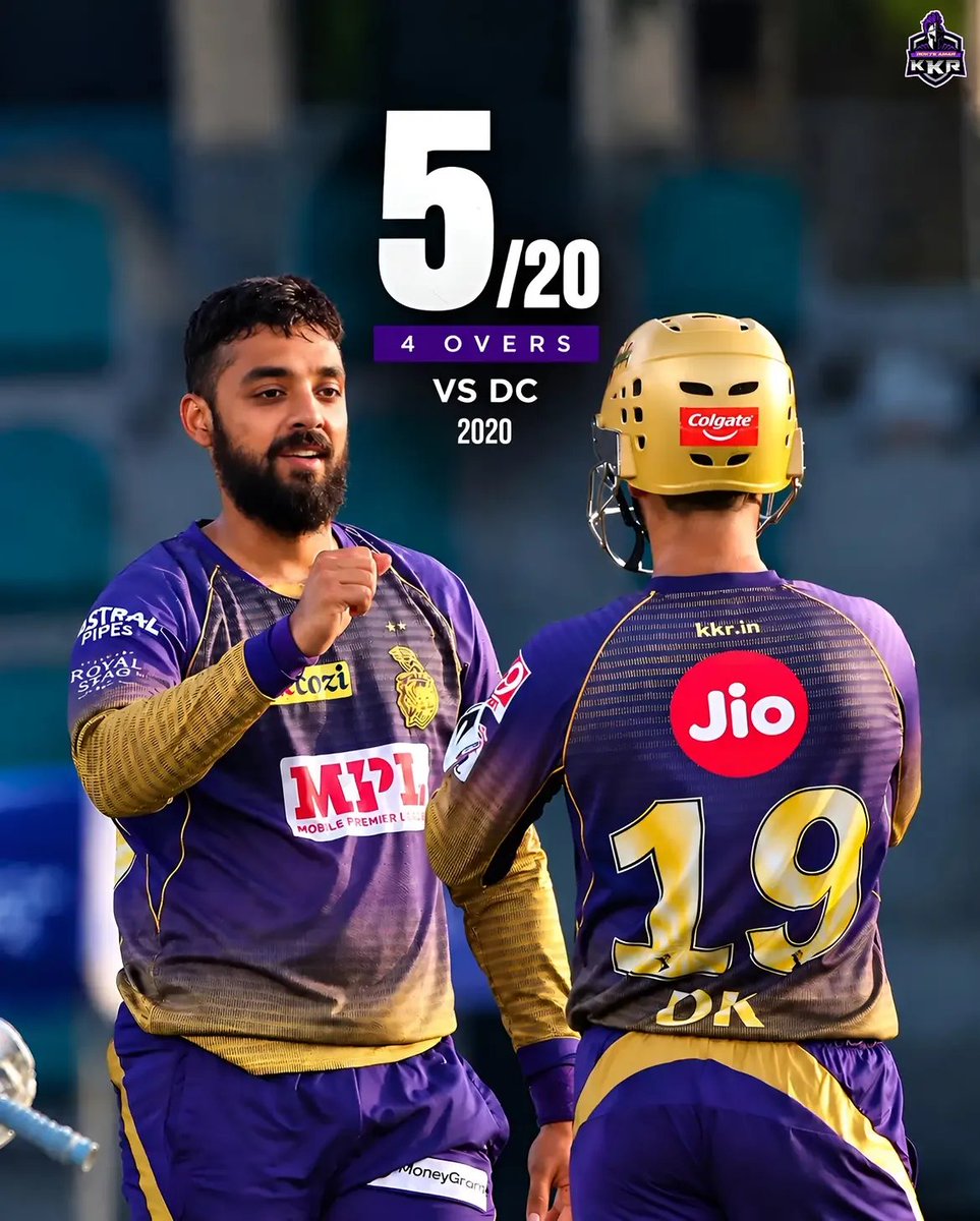 Rokte_Amarr_KKR's tweet photo. 🆚 DC, 2020: 5/20

Shreyas. Pant. Hetmyer. Stoinis. Axar. 🎯

Five wickets. 20 runs. His first-ever IPL five-for. Varun's mystery spin had Delhi completely clueless.

A spell that announced his arrival. 💜🌀 https://t.co/0QEP1HshdP