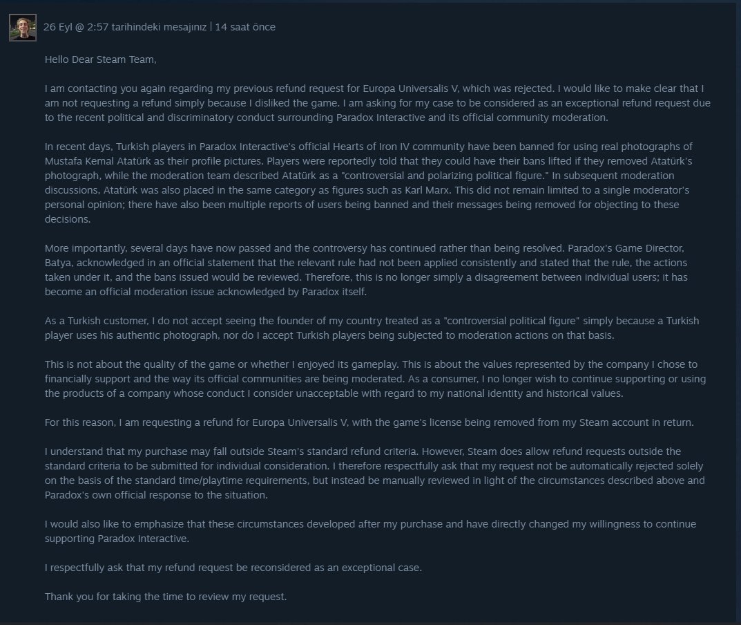 Vexhera's tweet photo. PARADOX OYUNLARINI İADE EDEBİLİRSİNİZ‼️

Steam olağanüstü durumlarda her ne koşulda olursa olsun iade talebini değerlendiriyor. Bunu bildiğim için denedim ve satın aldığım EU5'i iade edebildim.

Sizler de aynı şekilde. Boykot nedir gösteriniz.

İade dalgası paradoxu yıpratacaktır https://t.co/tzKYPijM2I
