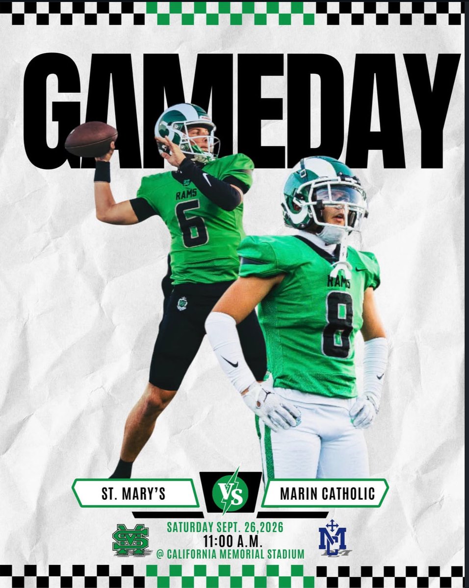 SMRamsFB's tweet photo. See you in Berkeley!🐏
The Rams take on Marin Catholic today at 11:00 a.m. at California Memorial Stadium.
#RamPride https://t.co/hVXUrFey2o