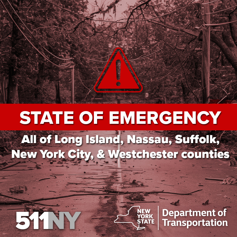 NYSDOT's tweet photo. A State of Emergency is in effect as a coastal storm brings heavy rain, coastal flooding, and possible erosion through Sunday. NYSDOT crews are prepared to respond as necessary. If a traffic signal is dark, treat it as an all-way stop. Stay clear of downed trees and power lines. https://t.co/vYlAVBcnhS