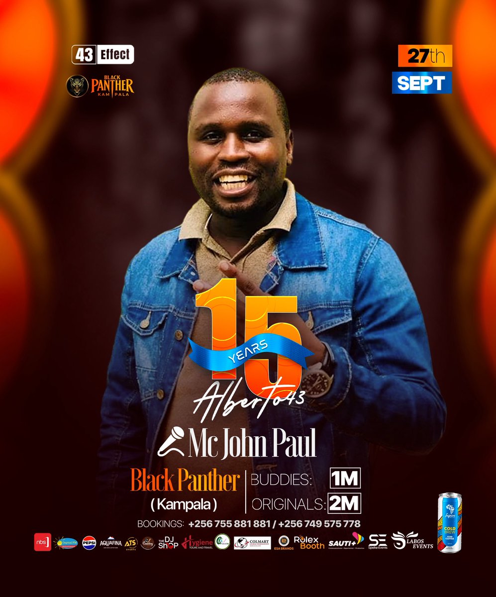 eddiespikaagaba's tweet photo. Mc John Paul representing @CapitalFMUganda-the radio partner for #15YearsOfDjAlberto43 happening this Sunday 27th September @BlackPantherKla.

Start preparing your outfits, dust your dancing shoes coz fresh hits and throwbacks are about to drop! https://t.co/Sl6xc6WvZM