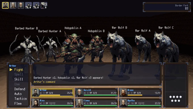 Border Fort B3 — a lair battle in an earthen den against seven enemies: two pale, spiked Barbed Hunters with bows, two hobgoblins, and three war wolves; three wolves have cut into the party's turn order at the top, and two fighters' HP bars have gone yellow.