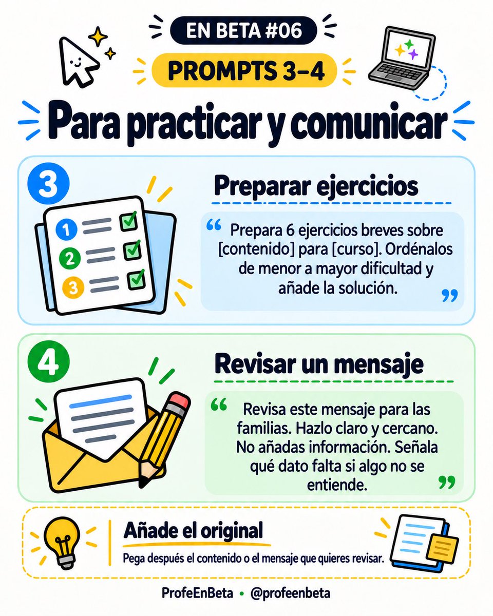 ProfeEnBeta's tweet photo. “Prepárame una sesión” suele quedarse corto si la IA no sabe para qué curso es, cuánto tiempo tienes o qué material hay.

En EN BETA #06 he reunido 5 prompts que sí usaría en Primaria. Se pueden copiar, completar y, sobre todo, revisar antes de entrar en clase. https://t.co/gpdEt2e7LX