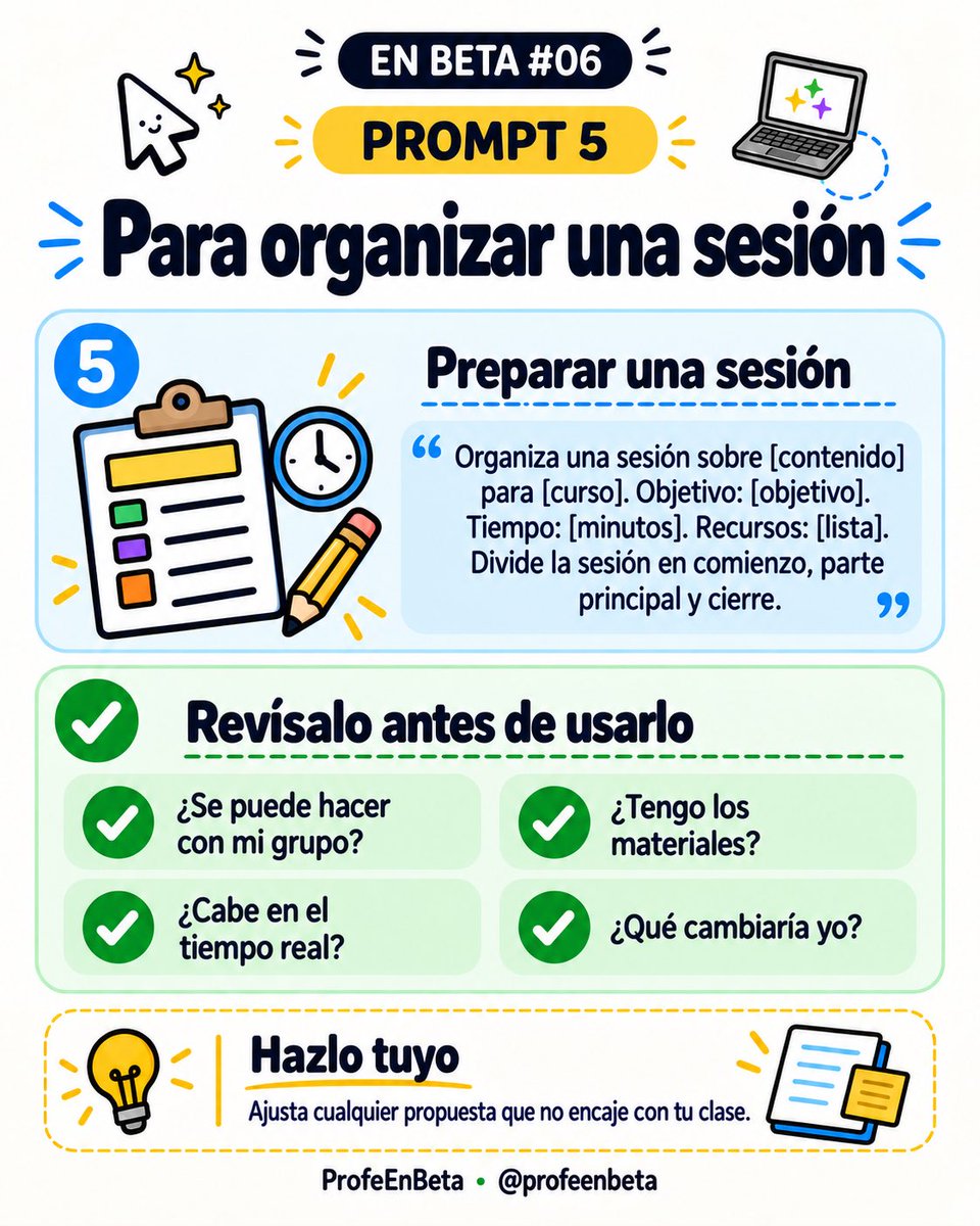 ProfeEnBeta's tweet photo. “Prepárame una sesión” suele quedarse corto si la IA no sabe para qué curso es, cuánto tiempo tienes o qué material hay.

En EN BETA #06 he reunido 5 prompts que sí usaría en Primaria. Se pueden copiar, completar y, sobre todo, revisar antes de entrar en clase. https://t.co/gpdEt2e7LX