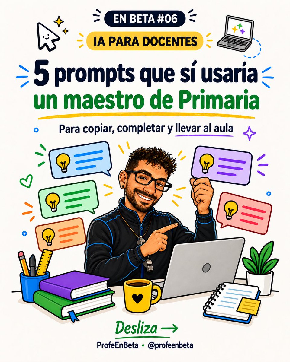 ProfeEnBeta's tweet photo. “Prepárame una sesión” suele quedarse corto si la IA no sabe para qué curso es, cuánto tiempo tienes o qué material hay.

En EN BETA #06 he reunido 5 prompts que sí usaría en Primaria. Se pueden copiar, completar y, sobre todo, revisar antes de entrar en clase. https://t.co/gpdEt2e7LX