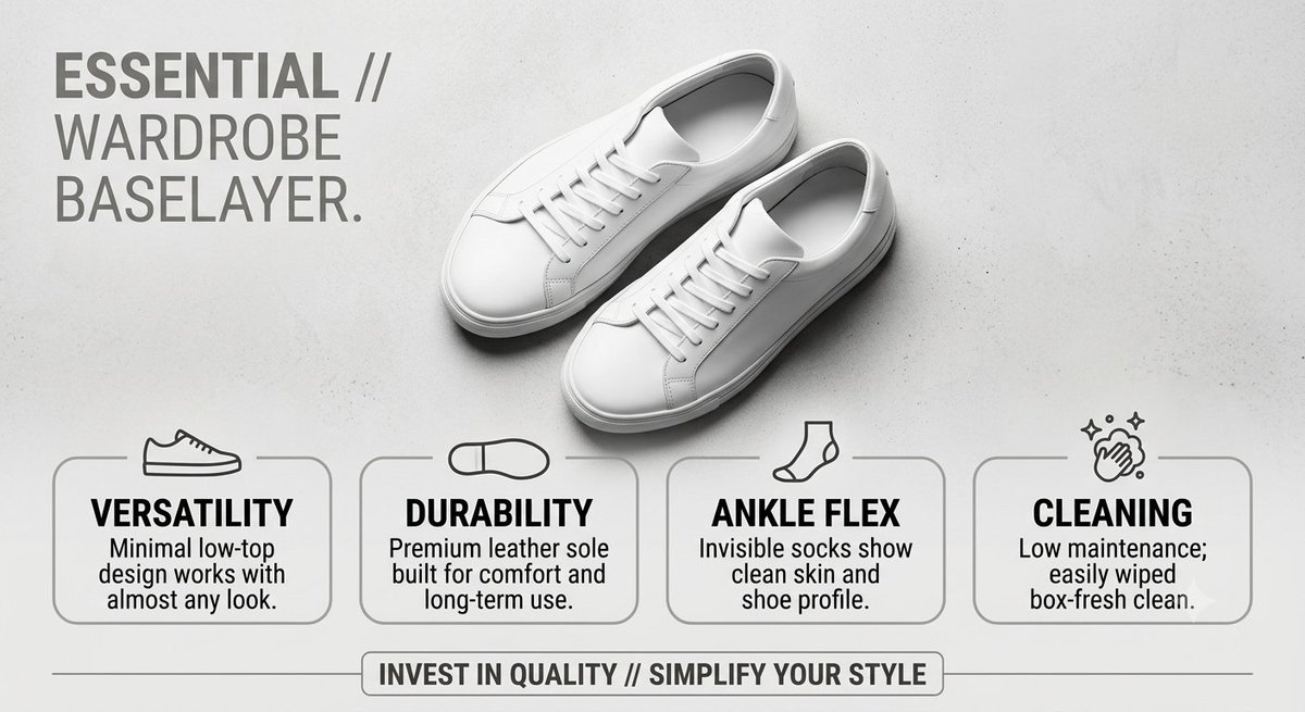 FitCheckzz's tweet photo. The ultimate wardrobe cheat code:

"Clean white sneakers"

​• Minimal low-top matches any fit

• Premium leather built for comfort

• Wear invisible socks for clean ankles

• Easy to wipe down box-fresh clean
  
​Invest in quality leather. Simplify your style. https://t.co/SeJ7n0hsmO