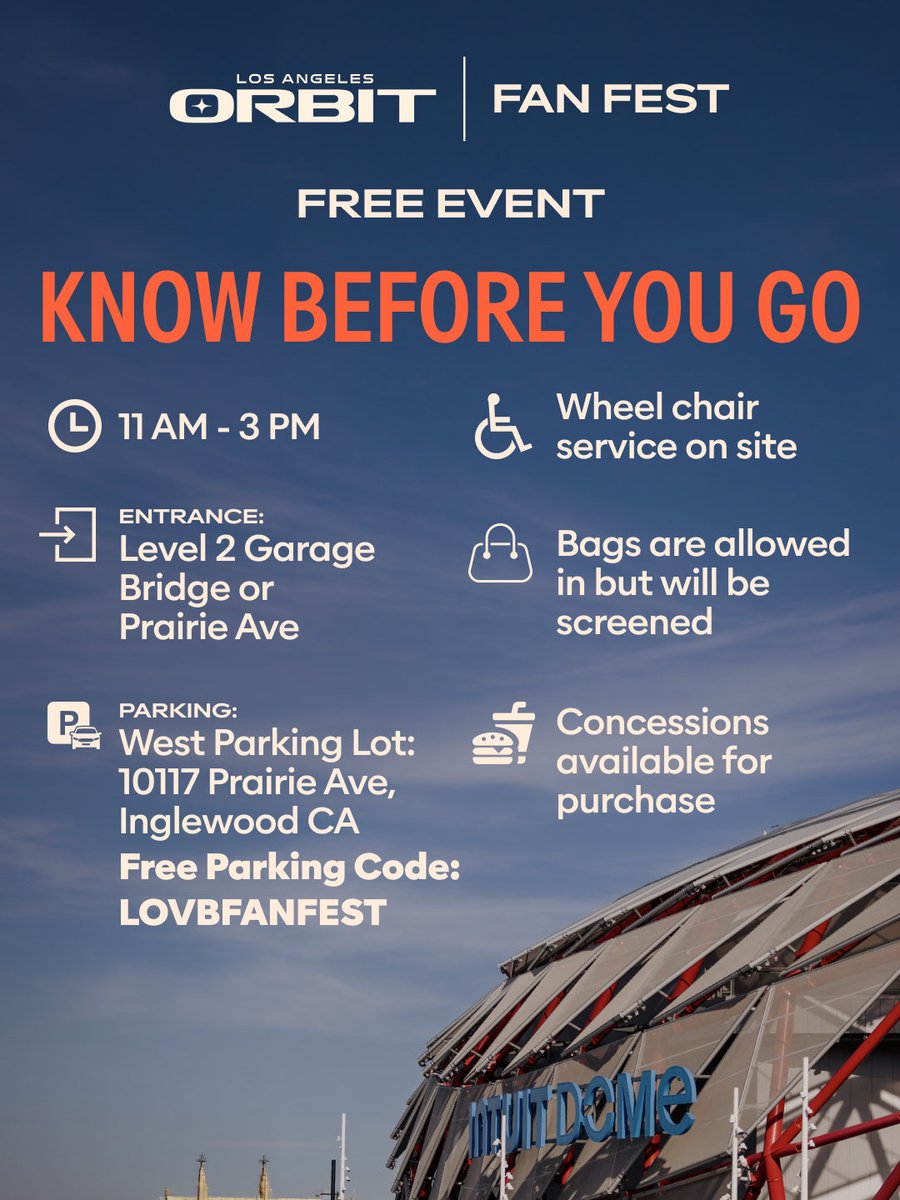 LAOrbitVB's tweet photo. Join us TODAY for a FREE community celebration open to everyone! Swipe for the Know Before You Go ➡️
Season Ticket Members, Fan Fest is your opportunity to select your seats for our inaugural season and be part of LA Orbit from the very beginning
See you soon! 👋
#LAOrbit https://t.co/dX3BiUQCgx