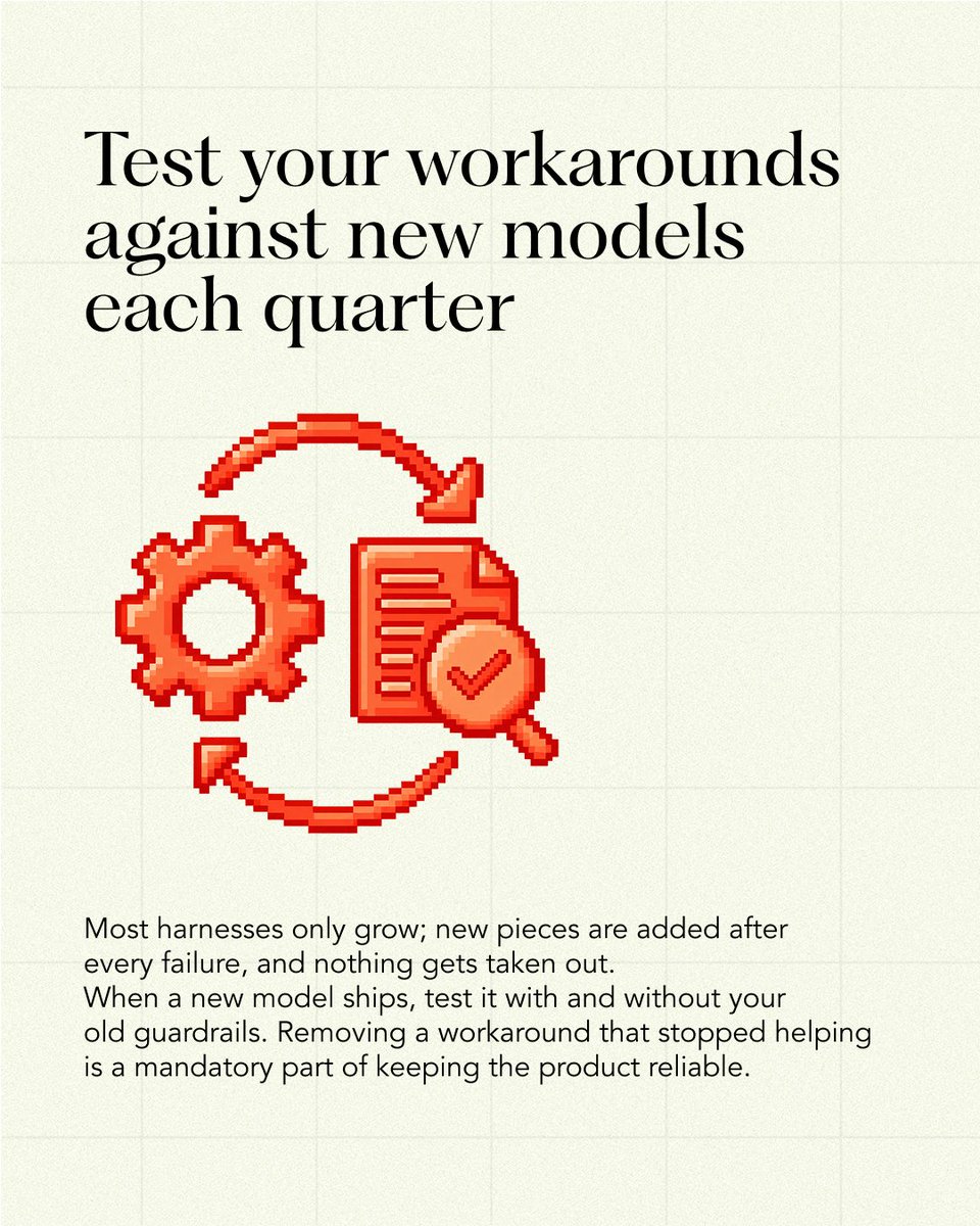Seed2Scale's tweet photo. Treating your harness as finished is how last year's workarounds end up slowing down this year's model. 

So, how do technical founders stop their harness from going stale?

That is one of the problems The Working Knowledge's debut working paper takes on, authored by @atemyipod 

This working paper breaks down how to track what each part of your harness is for and test it against every new model.

It also breaks down why a good harness should get smaller as the models under it improve.

The full working paper drops soon. Get it 24 hours early through → https://t.co/QKVJK4mNvZ