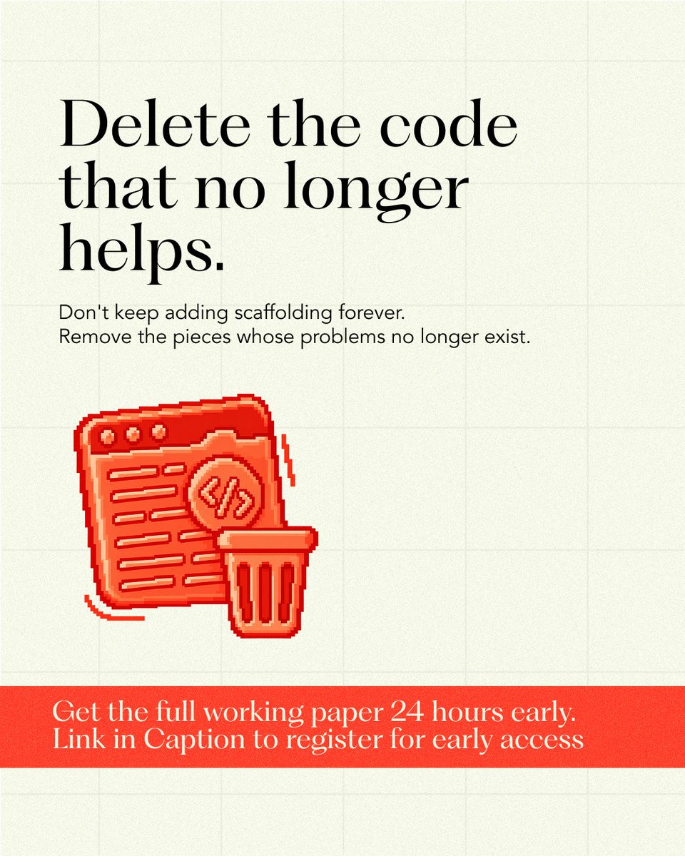 Seed2Scale's tweet photo. Treating your harness as finished is how last year's workarounds end up slowing down this year's model. 

So, how do technical founders stop their harness from going stale?

That is one of the problems The Working Knowledge's debut working paper takes on, authored by @atemyipod 

This working paper breaks down how to track what each part of your harness is for and test it against every new model.

It also breaks down why a good harness should get smaller as the models under it improve.

The full working paper drops soon. Get it 24 hours early through → https://t.co/QKVJK4mNvZ