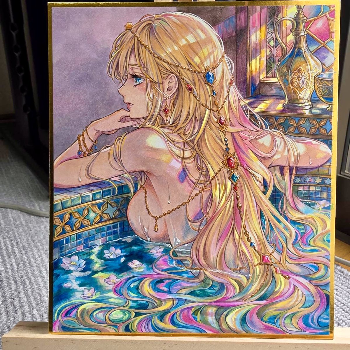 rancoizm's tweet photo. [メルカリ] 王女の湯浴み／オリジナル 手描き アナログイラスト 色紙 一点物 
出品いたしました。よろしくお願いいたします🙇
 https://t.co/dmUivixDx5 https://t.co/WHoJlc3i3q